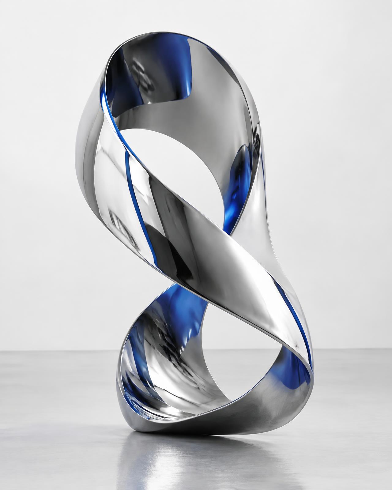 Polished chrome sculptural loop with cobalt reflections in a bright gallery space