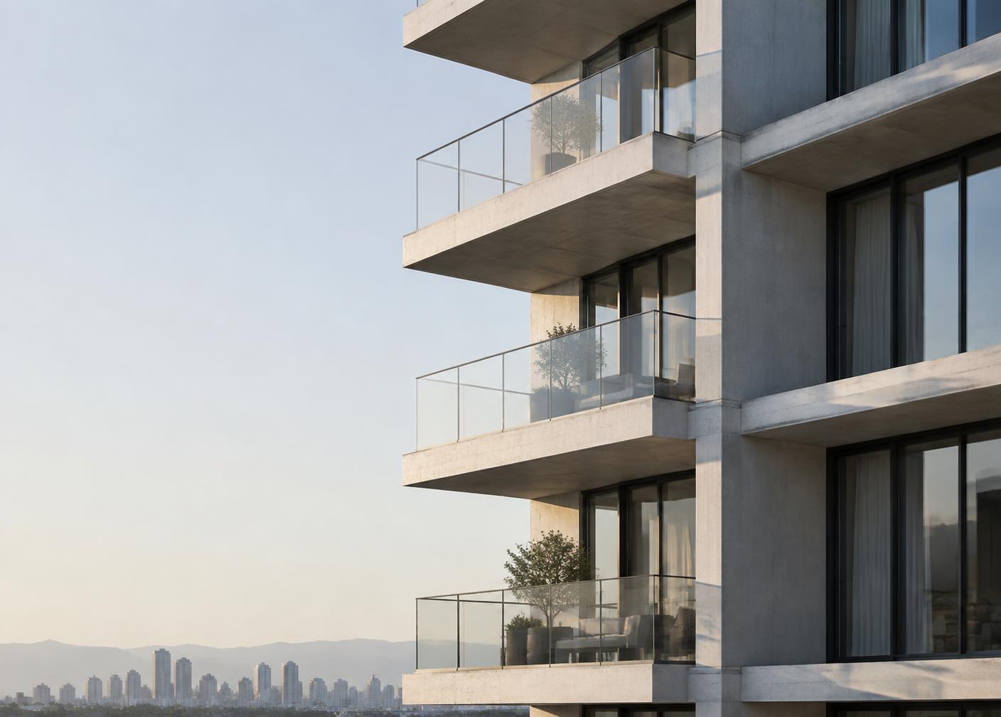 Minimal modern residential tower facade against a pale morning sky